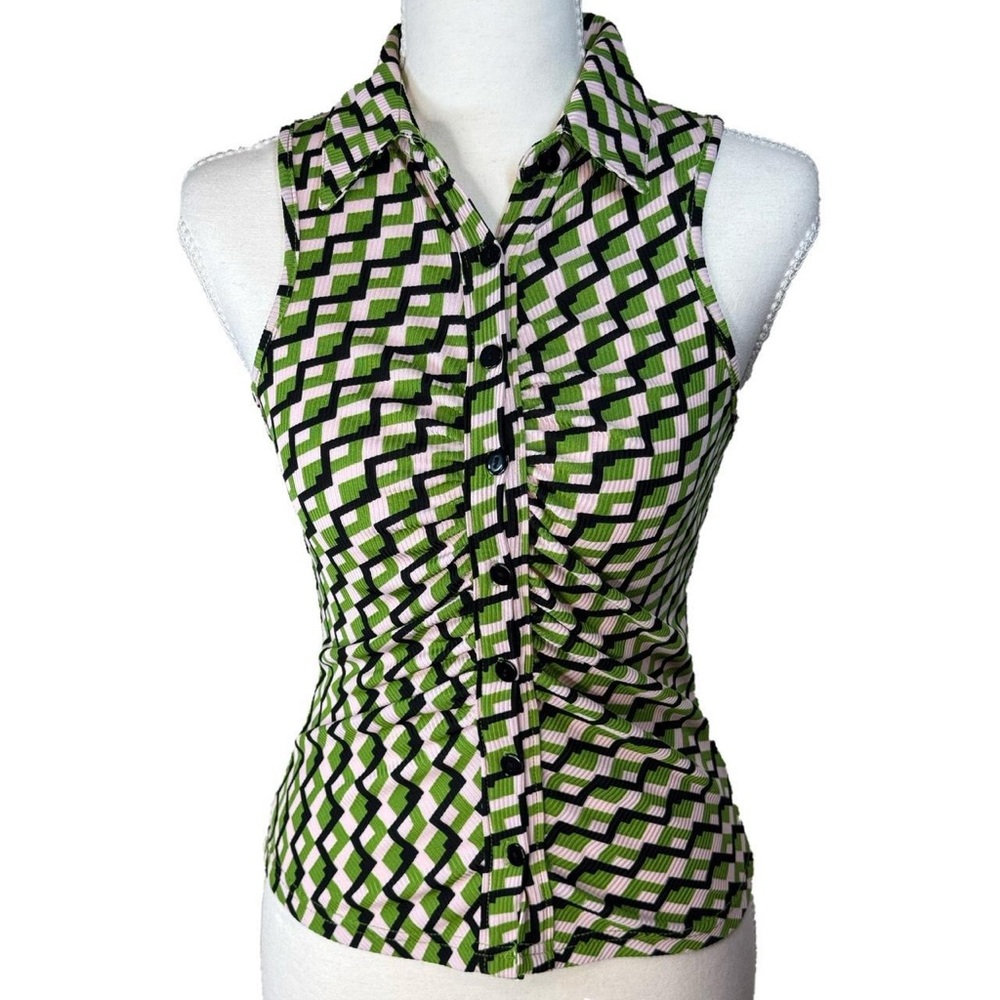 Green Geometric Ruched Button Up Collared Tank Top Y2K Fitted Stretch Kontrol